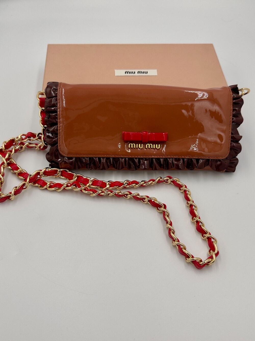 Miu Miu Vernice Patent Leather Ruffle Bow Long Flap Wallet Brown W/ Box